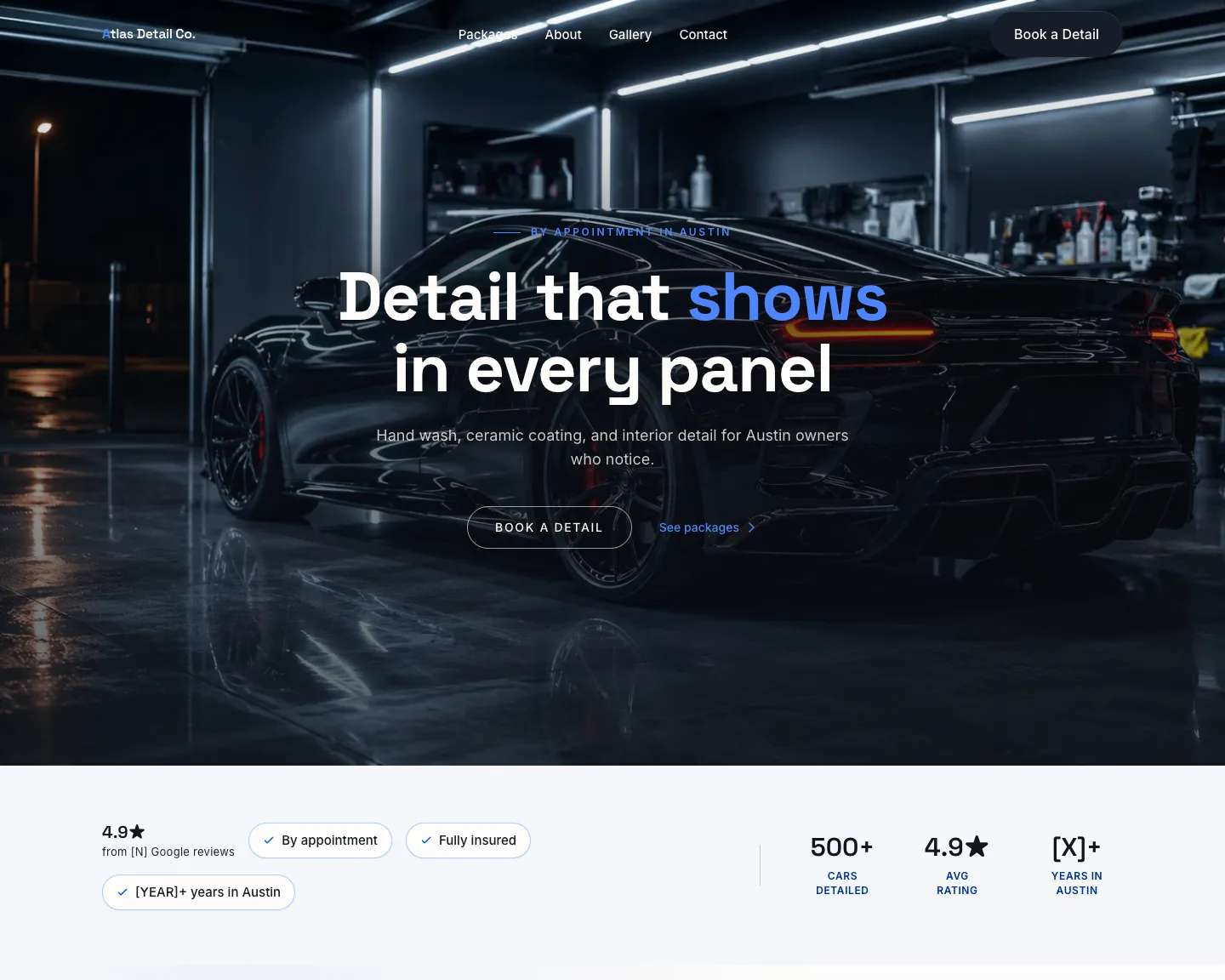 Auto detailing template homepage hero — Carbon. Glass. Done right.