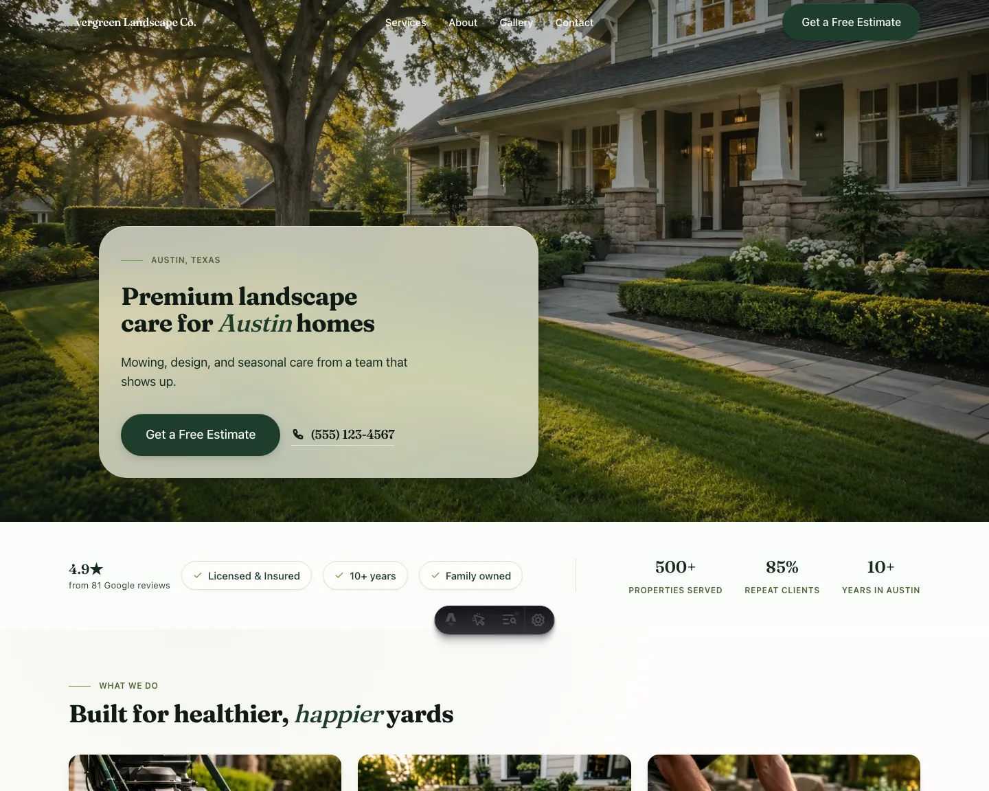Landscaping template homepage hero — Lawns kept like they matter.